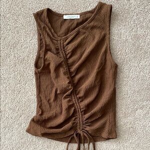 12th Tribe Brown Ruched Ribbed Tie Front Tank